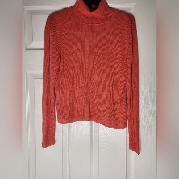 August Silk Knits L Orange Ribbed 100% SILK Lngslvs Turtleneck Women's Sweater - Picture 1 of 7